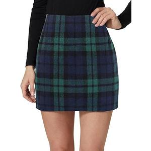 Kinghua Womens Wool Plaid Mini Skirt Fall Winter High Waisted Bodycon Pencil Skirt XS