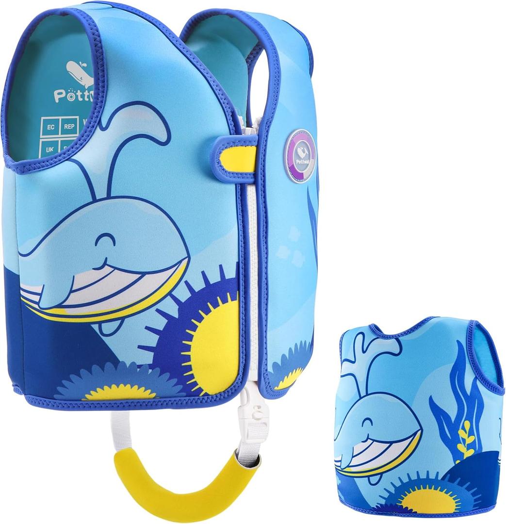 Pottwal Swim Vest for Kids - Swim Jacket - Made of Neoprene & EPE - with Adjustable Crotch Strap (Large, Blue)