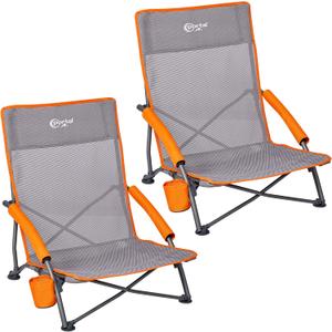 PORTAL Beach Chairs for Adults Camping Low Lightweight Portable Chair with Cup Holder Mesh Back Carry Bag for Outdoor Sand Lawn Travel Picnic Festival Concert, 350LBS (24" High Back, Teslin Grey-2 Pack)
