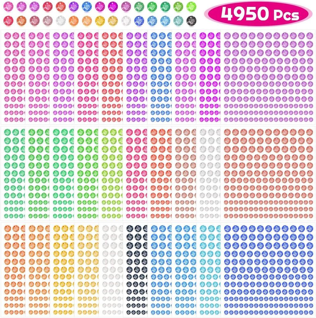 Rhinestone Stickers, Anezus 4950pcs Adhesive Stick on Gems Face Jewels Stickers Self Adhesive Rhinestones for Crafts, Makeup and Decorations (30 Colors, 4 Sizes) (Small)