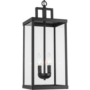 21'' Outdoor Pendant Lantern, 2-Light Modern Black Exterior Chandelier with Clear Glass, Hanging Porch Light for Patio, Yard, Foyer