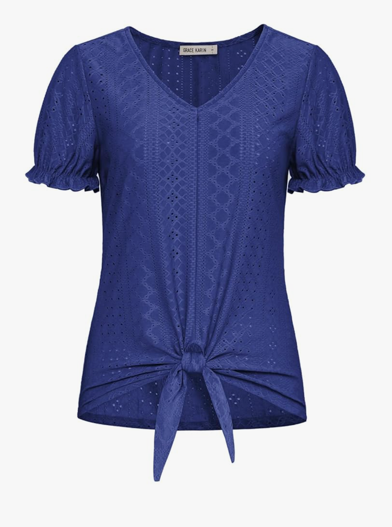 GRACE KARIN Women's 2025 Summer Tops Short Sleeve V Neck Basic T Shirts Dressy Casual Tie Front Tops Eyelet Blouses Tunic Size M