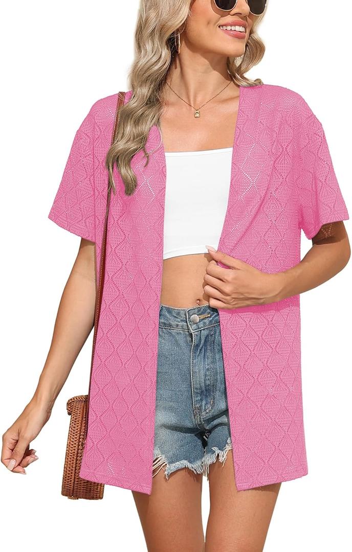 LILBETTER Womens Summer Lightweight Cardigan Short Sleeve Open Front Casual Loose Cover Ups 2025 (Pink, M)