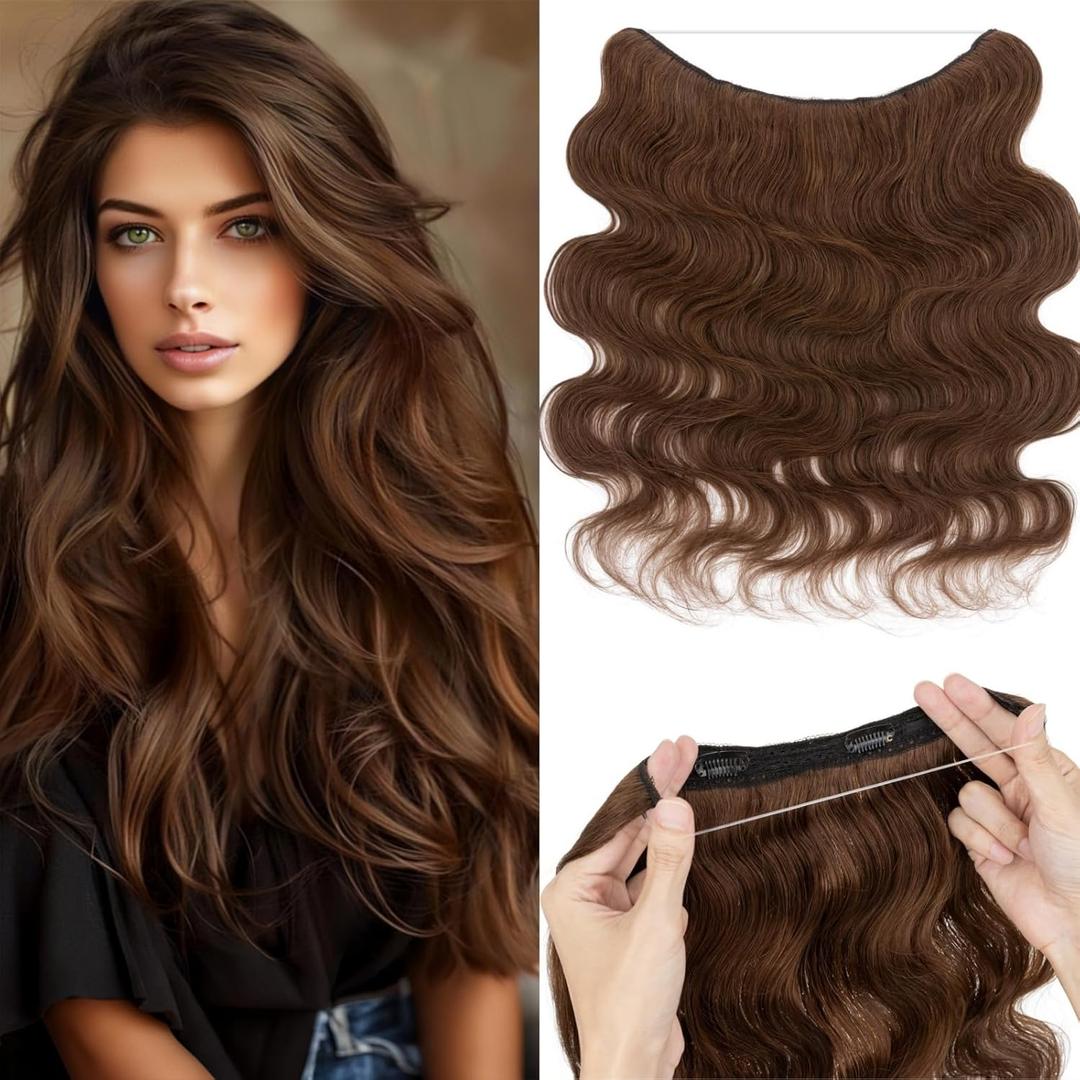 Rich Choices Halo Hair Extensions Real Human Hair Remy Hairs Halo Extension for Women Invisible Wire One Piece Clip in Hairpiece 16 Inch Wavy-#4R Medium Brown