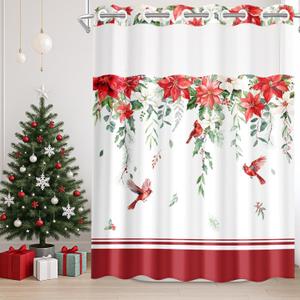 No Hook Christmas Shower Curtain with Snap in Fabric Liner Set, Red and White Poinsettias Berries Cardinals Holiday Double Layers Waterproof with See Through Top Window Bath Curtain 71x74 Inch