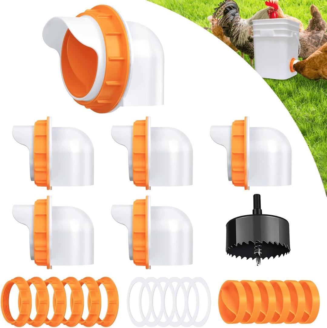 Chicken Feeders No Waste 6 Ports, 4 inch DIY Poultry Feeder with 6 Covers 1 Drill Bit, Rain Proof Automatic Gravity Chicken Feeder Kits for Buckets, Barrels, Bins, Troughs (Orange)