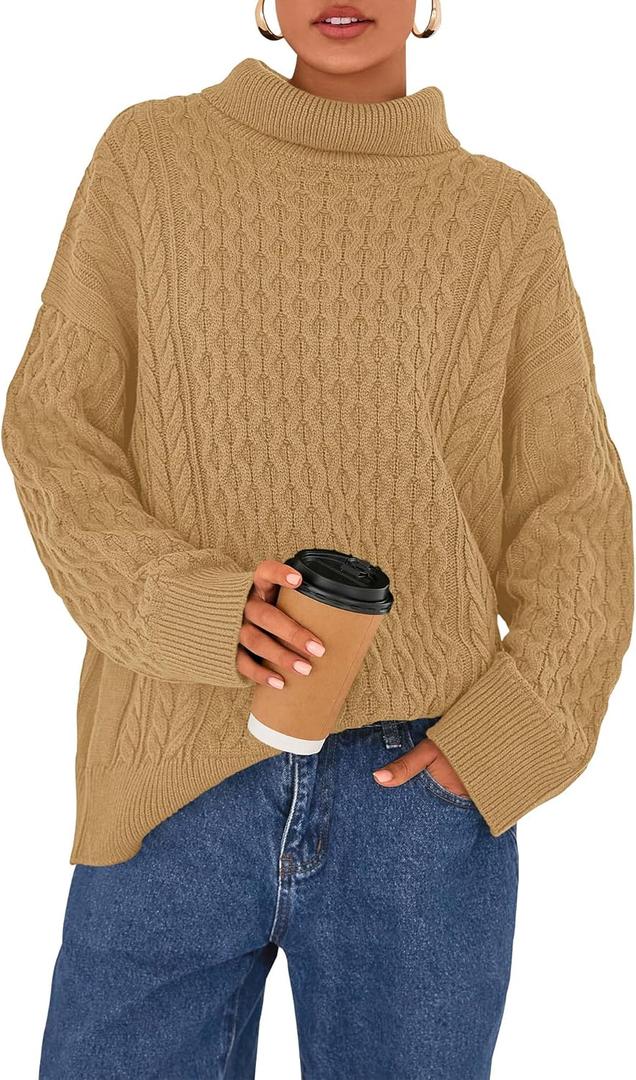 BTFBM Casual Women Fall Sweaters 2025 Long Sleeve Turtleneck Ribbed Knit Pullover Loose Cable Knit Sweater (Large, Light Camel)