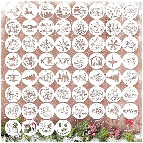 60pcs Christmas Stencils for Painting on Wood 3 Inch Small Nativity Ornament Reusable Holiday Xmas Drawing Stencil Templates for Wood DIY Crafts Card Paper Gift Home (Winter)