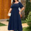 RWJ Women's 2026 Plus Size Summer Dress Short Sleeve Smocked Boho Wedding Guest Beach Vacation Floral Maxi Dresses (Blue, XXXL)