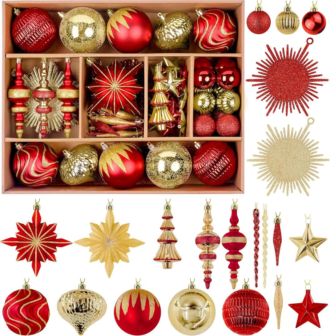80pcs Christmas Balls Ornaments Set, Shatterproof Plastic Baubles Christmas Pendant for Xmas Tree, Holiday Wedding Party Decoration with Lanyards Included, Red and Gold