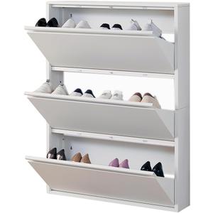 Shoe Storage Cabinet with 3 Flip Drawers, Hidden Slim Narrow Shoe Rack Cabinet, Wall Mount Metal Shoe Cabinet for Entryway, White