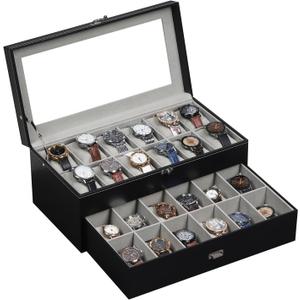 AUTOARK Leather & Velvet 24 Watch Box Glass Top Jewelry Display Drawer Lockable Case Organizer,Removable Grey Watch Pillows,Black,MKAW037