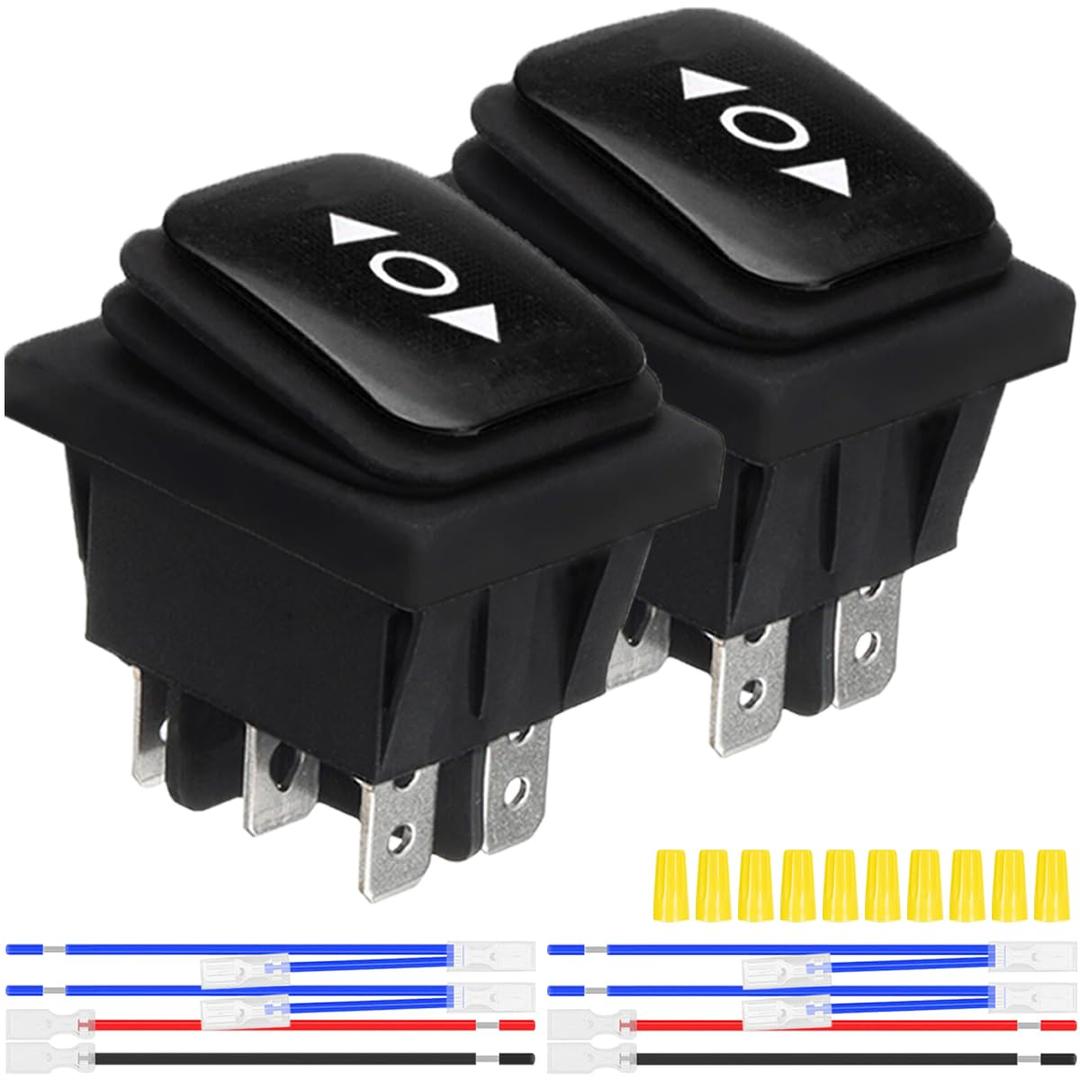 2Pcs Black Momentary Polarity Reverse Switch Waterproof Control Rocker Toggle Switch 20A 12V DC 16A 250V/20A 125V AC DPDT 6Pin 3Position (ON)-Off-(ON) with Jumper Terminal Wires for Car Boat