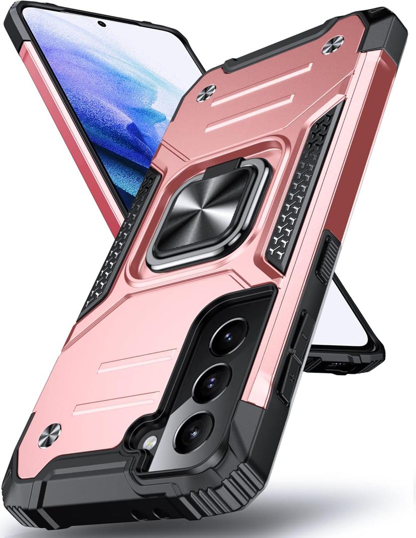 DASFOND Designed for Galaxy S21 Case with Stand, 360 Rotatable Metal Ring Kickstand Military Grade Impact Resistant Shockproof Protective Phone Case Cover for Samsung Galaxy S21, Rose Gold