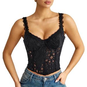 LEACOOLKEY Lace Corset Top for Women Sexy Sheer Floral Bustier Going Out Lace-up Bralette Club Party Concert Crop Top (Large, Black)