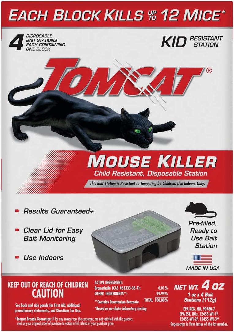 Tomcat Mouse Killer Child Resistant, Disposable Station, 4 Pre-Filled Ready-To-Use Bait Stations (4 Bait Stations)