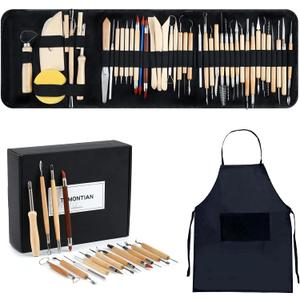 TEMONTIAN Pottery Tool KitClay Sculpting Tools,43 Pcs Double Sided Pottery Wheel Tools for AdultsPottery Carving ToolsPottery Kiln Tools at HomeCeramics Tools Set with Carrying Case Bag and Apron (BLACK)
