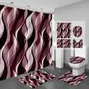 4PCS Burgundy Red Abstract Shower Curtain Sets with Rugs, Striped Bathroom Sets with Shower Curtain and Rugs, Modern Bathroom Curtains Shower Set with Toilet Lid Cover for Bathroom Decor