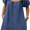 Women's Denim Mini Dress Puff Short Sleeve Square Neck Loose Jean Dresses with Pockets, 2XL