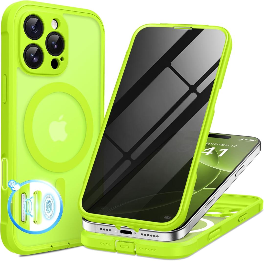 BERFY for iPhone 16 Pro Case, Compatible with MagSafe, Built-in Privacy Screen Protector, Camera Protection, Shockproof Full Body Phone Case 6.3", Translucent Bright Green