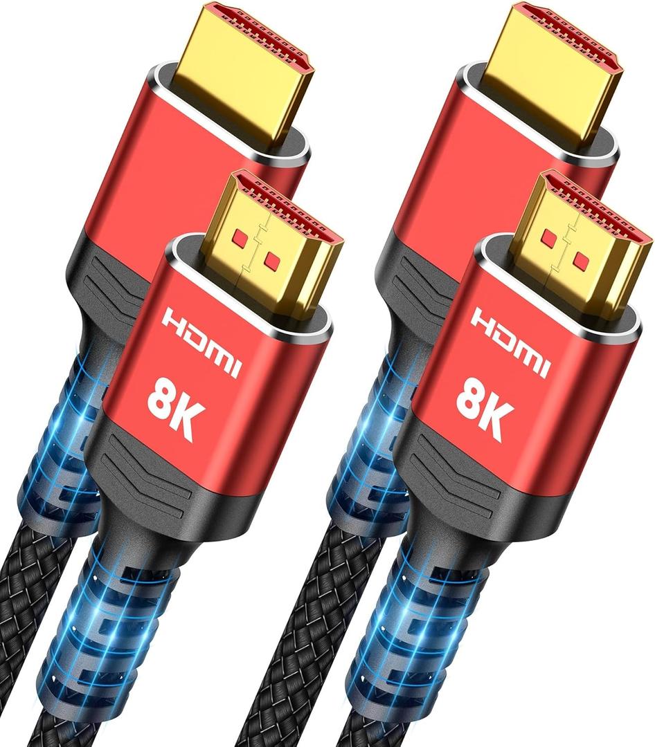 Highwings 8K 10K HDMI 2.1 Cable 6.6FT/2M 2-Pack, Ultra High Speed HDMI Cable Braided Cord-4K@120Hz 8K@60Hz, DTS:X, HDCP 2.2 & 2.3, HDR 10 Compatible with Roku TV/HDTV/Blu-ray (Red)