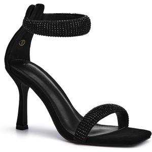 Coutgo Women's One Strap Heeled Sandals Square Open Toe Stiletto Heels Ankle Buckle Strap Summer Pump Shoes (9.5, Black)