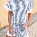 Tankaneo Womens 2 Piece Striped Shorts Set Ruffle Short Sleeve Tops Hight Waist Shorts Matching Sets Summer Vacation Outfits (M)