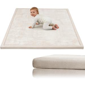 COLLACOCO Baby Play Mat for Floor, 39"x59" Playpen Mat, 1.3" Thick Memory Foam Tummy Time Mat, Soft Coral Velvet Nursery Rug, Easy-Care & Non-Slip Cushioned for Infants, Kids, Toddlers Crawling, Beige