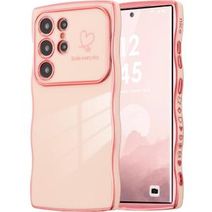 ZTOFERA for Samsung Galaxy S24 Ultra 5G Case 6.8 inch,Cute Curly Wave Frame Case with Love Heart Pattern,Luxury Plating Edge Full Camera Protection Shockproof Phone Case for Women Girls-Pink
