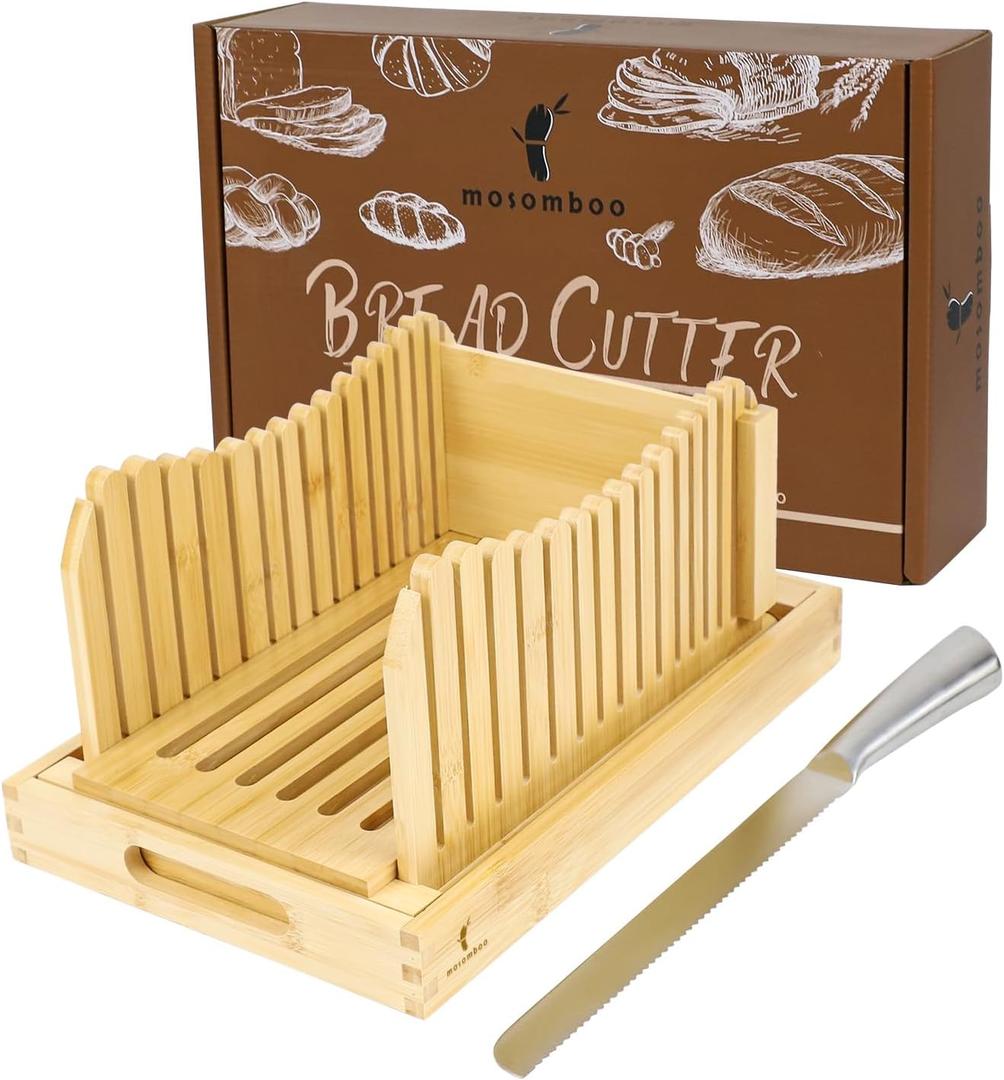 Mosomboo Bamboo Bread Slicer for Homemade Bread with Serrated Knife and Crumb Tray - Foldable and Adjustable Loaf Cutter, 3 Slice Thickness, Bamboo Bread Cutter for Homemade Bread, Cakes, Bagels