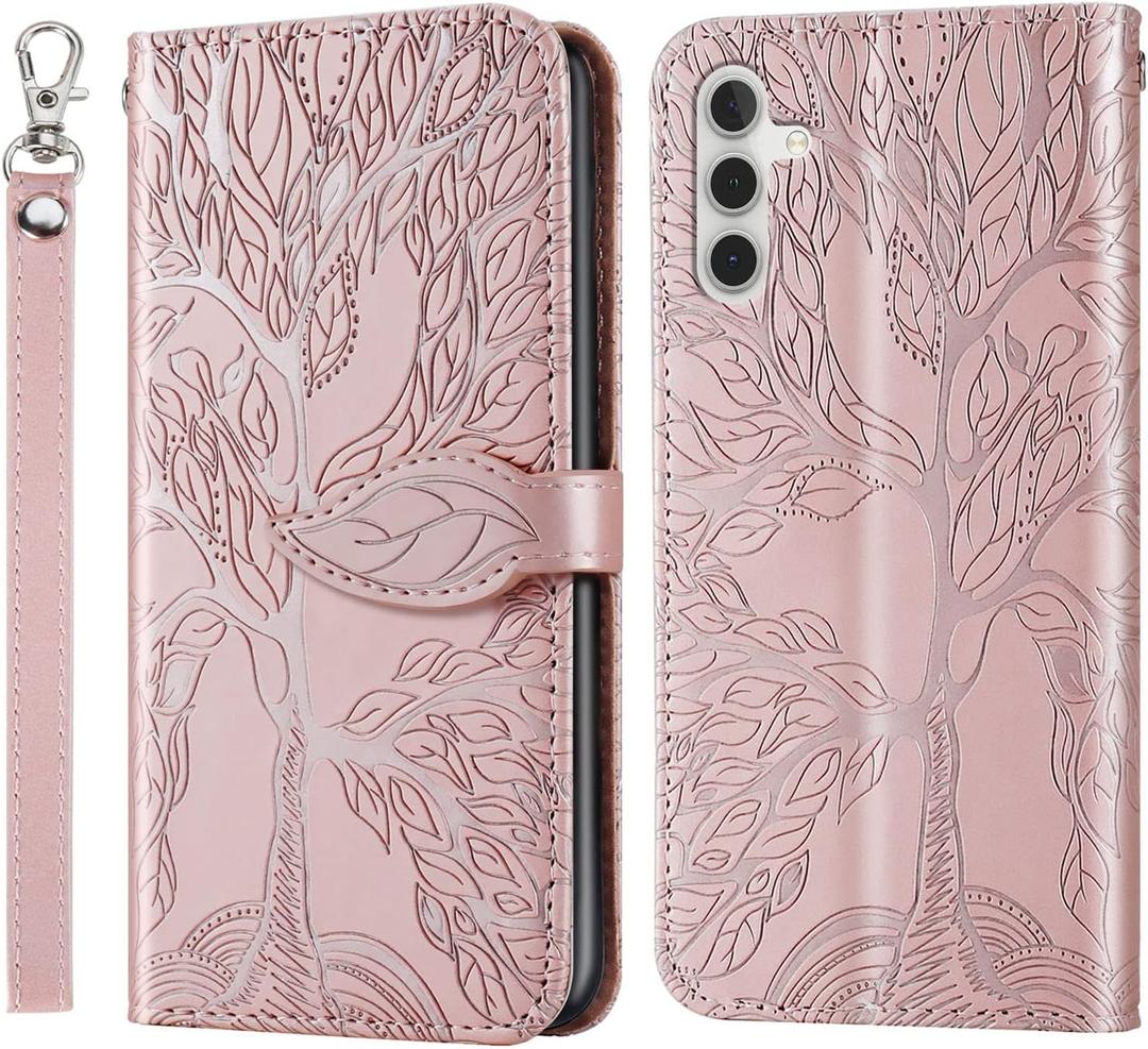 Case for Samsung Galaxy S24 FE, PU Leather Flip Shell with Card Slots Magnetic Closure Strap Hand Shockproof Kickstand Case for Samsung Galaxy S24 FE 6.7 Inch, Rose Gold