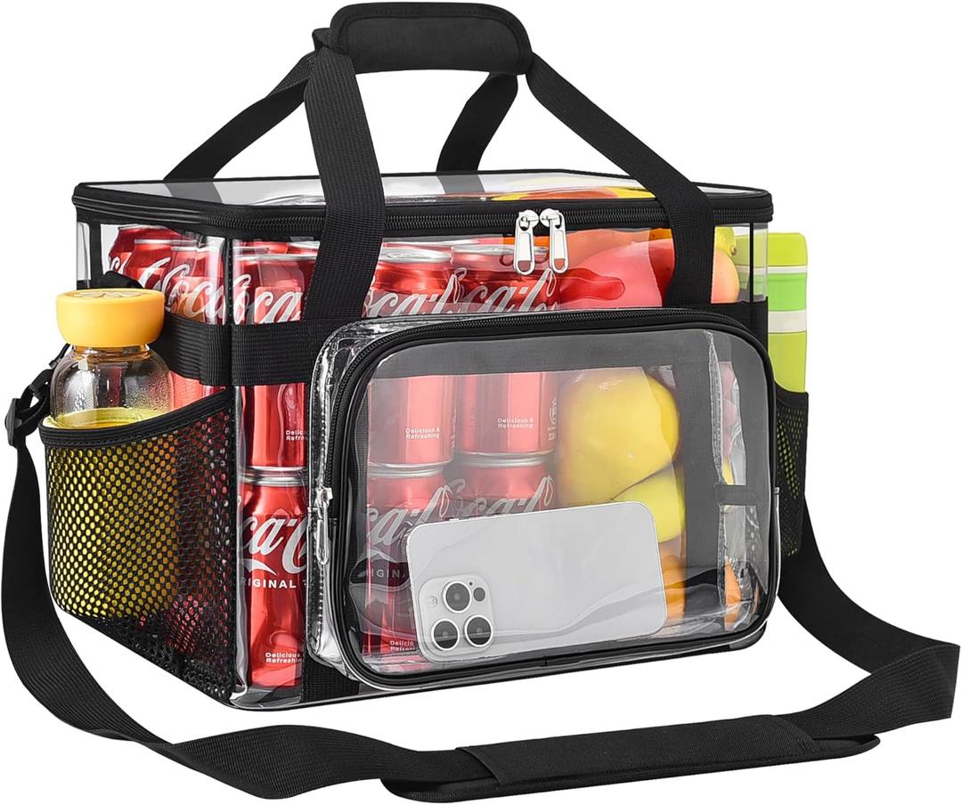 Clear Lunch Bag 40-Can with Adjustable Shoulder Strap for Women/Men, Reusable Lunch Box, Tote Bag Stadium Approved for Work, School, Picnic, Security Check (X-Large) (Black)