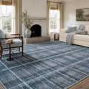 YIHOUSE 9x12 Blue Grey Distressed Plaid Area Rug for Living Room