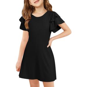 Haloumoning Girls Ruffle Sleeve Dresses Kids Summer Crewneck A Line Casual Dress 5-14 Years (7-8 Years)