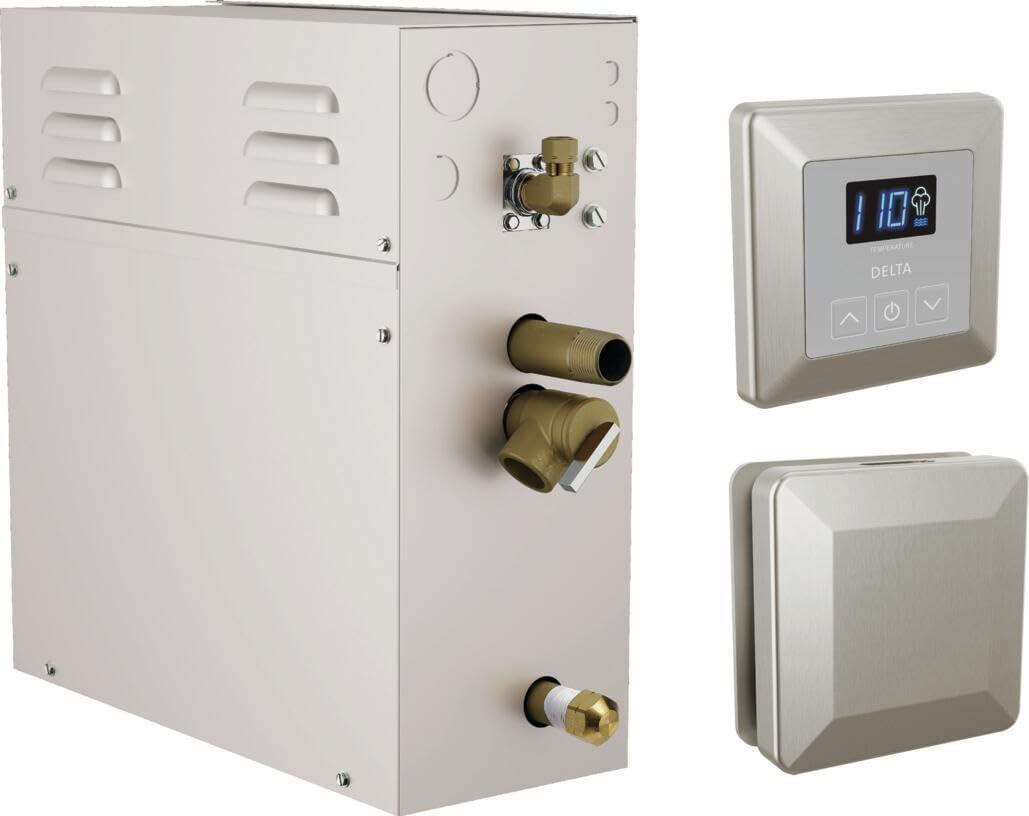 Delta Faucet SimpleSteam 10kW Steam System Kit Brushed Nickel, Includes 10kW Steam System Generator, Square Digital System Control, Square Steam Head, Lumicoat Stainless 5P-EST010-SS-PR