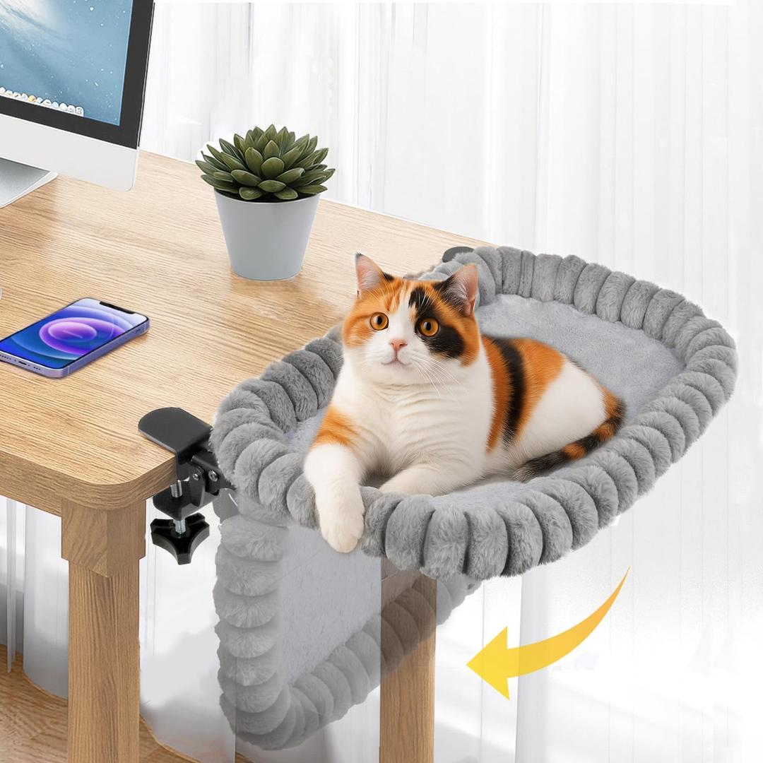Pawow X-Large Cat Desk Bed - 90 Foldable Space-Saving Cat Beds, 2 Washable Covers (Faux Rabbit Fur & Cool Mesh), Heavy-Duty Frame Supports 40lbs, Easy Install Pet Perch for Office & Game Tables
