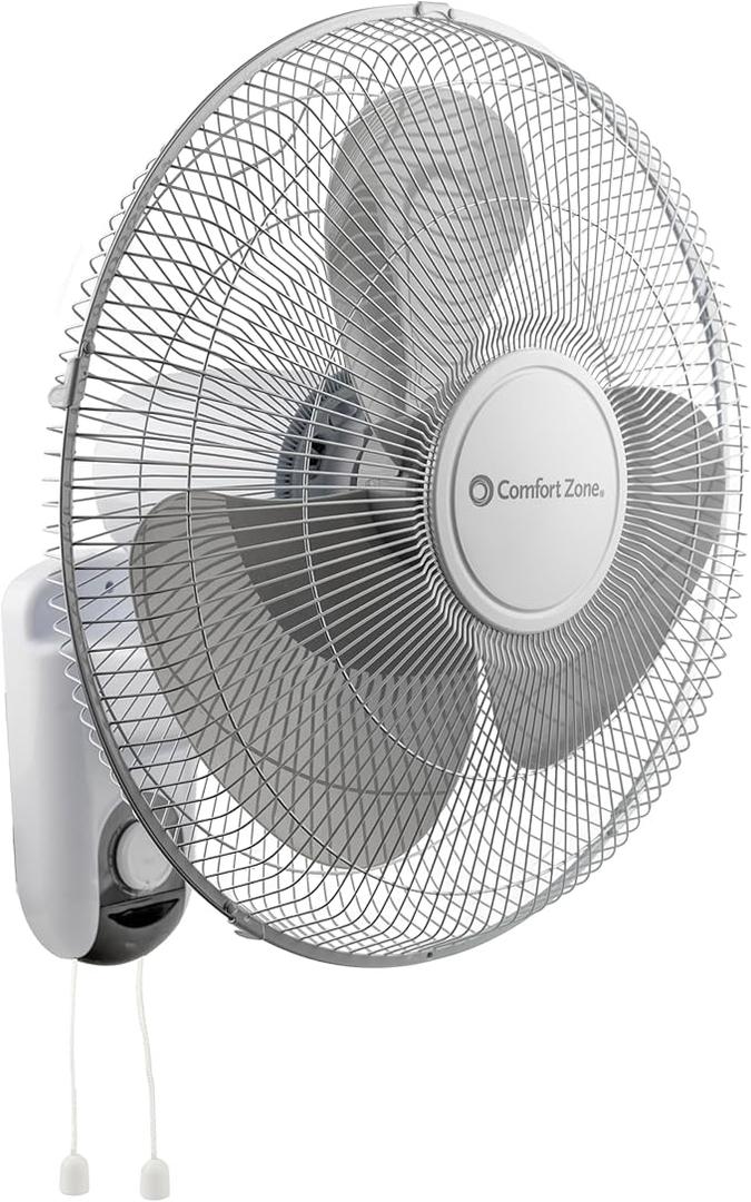 Comfort Zone Oscillating Wall Mount Fan with Adjustable Tilt, 16 inch, 3 Speed, Metal Grille, 90 Degree Oscillation, Airflow 14.07 ft/sec, Ideal for Home, Bedroom, Gym & Office, CZ16W