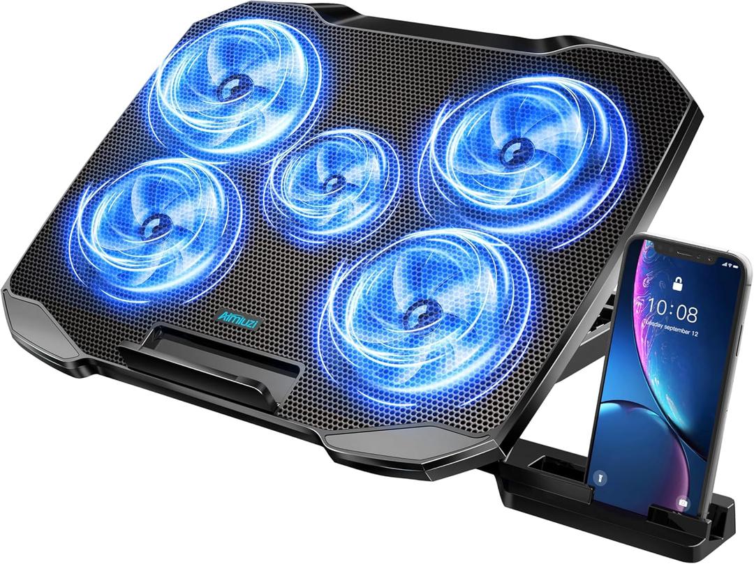 Laptop Cooling Pad Laptop Cooler Stand, Laptop Fan Cooling Pad for 12-15.6 Inch Laptop Notebooks, 5 Quiet Fans, 5 Angle Adjustable Laptop Cooling Stand (Black) (Blue)