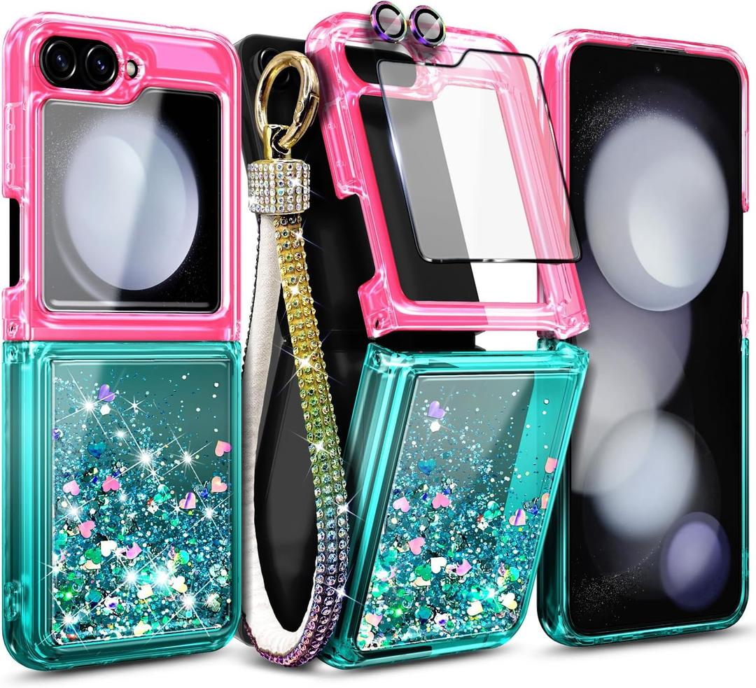 Designed for Samsung Galaxy Z Flip 6 Case, Glitter Floating Liquid Cute Phone Case with [Screen Protector Tempered Glass][Camera Lens Protector][Diamond Wrist Strap Lanyard] Pink/Aqua