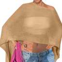 Drop Shoulder Sheer Crochet Vacation Outfits Poncho Sweater Top Summer Beach Cover Up (XX-Large, Khaki)