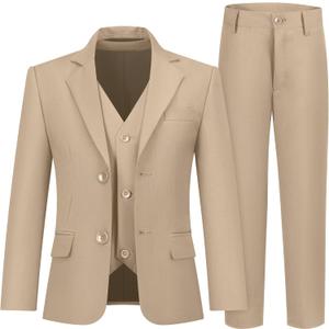 Boys' 3 Piece Suit Set with Suit Jacket, Vest, Pants, Formal Tuxedos Slim Fit Ring Bearer Outfit (Khaki,10)