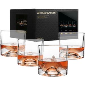 LIITON The Peaks Heavy Crystal Whiskey Glasses Gift Set of 4, Thick Freezable Bourbon Glass 1lb Each, Premium Whiskey Gifts for Men, Frozen Crystal Chills Cocktails, 10 oz