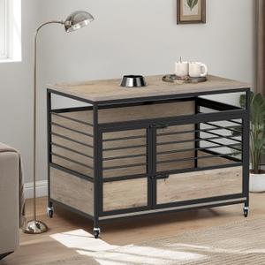 YITAHOME 39" Dog Crate Furniture with Wheels, Heavy Duty Wood Dog Cage Table with Double-Doors Chew-Resistant Farmhouse Decorative Wooden Dog Kennel Indoor for Large and Medium Dogs, Grey (39.4"L x 23.6"W x 30.1"H)