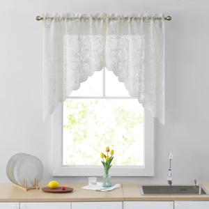 HLC.ME Joyce Semi Sheer Kitchen Swag Curtain Panels - Rod Pocket for Small Windows, Kitchen & Bathroom - 30 W x 36 L (Ivory, Set of 2) (30"W x 36"L (Pack of 2))