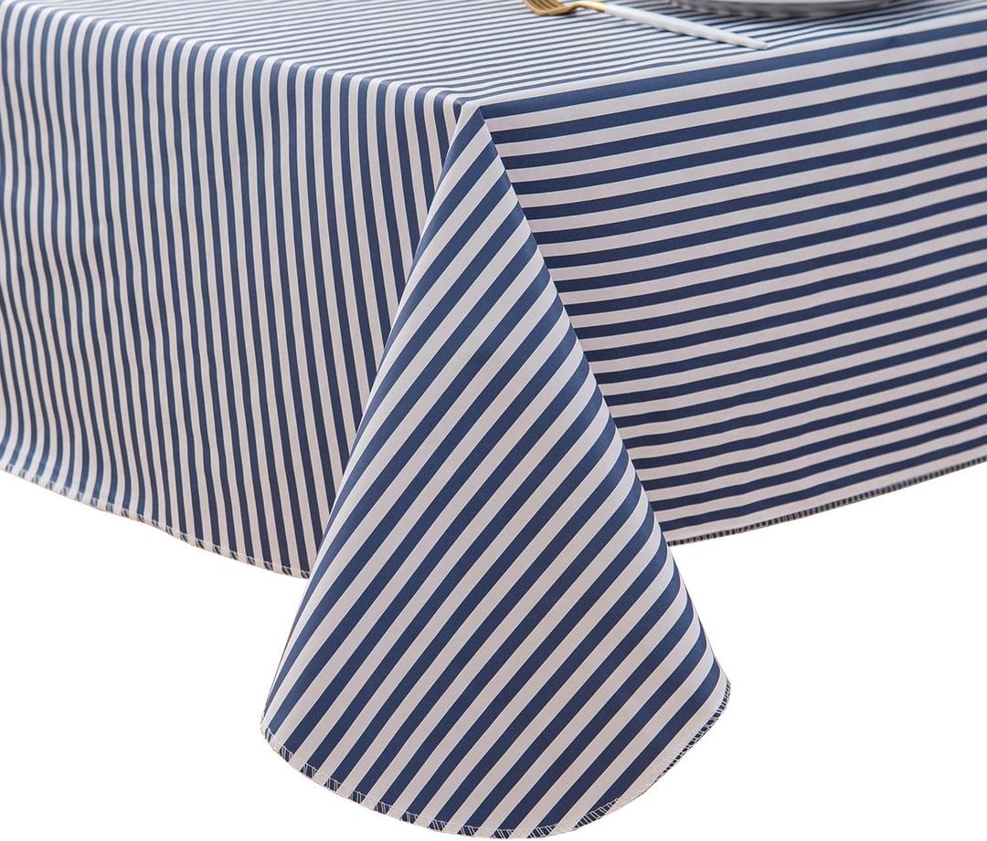 Pioggia Vinyl Tablecloth with Flannel Backed Waterproof Oil-Proof PVC Table Cloth Stain-Resistant Wipeable Easy Care Table Cover for Indoor and Outdoor (Blue Stripe, 60 x 102 Inch Rectangle)