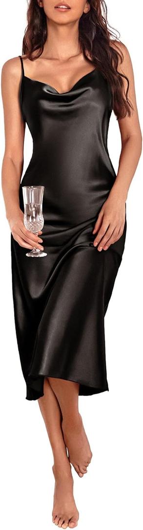 Ekouaer Womens Satin Nightgown Sexy Lingerie Sleepwear Spaghetti Strap Cowl Neck Elegant Long Slip Satin Silk Midi Dress (Large, Black)