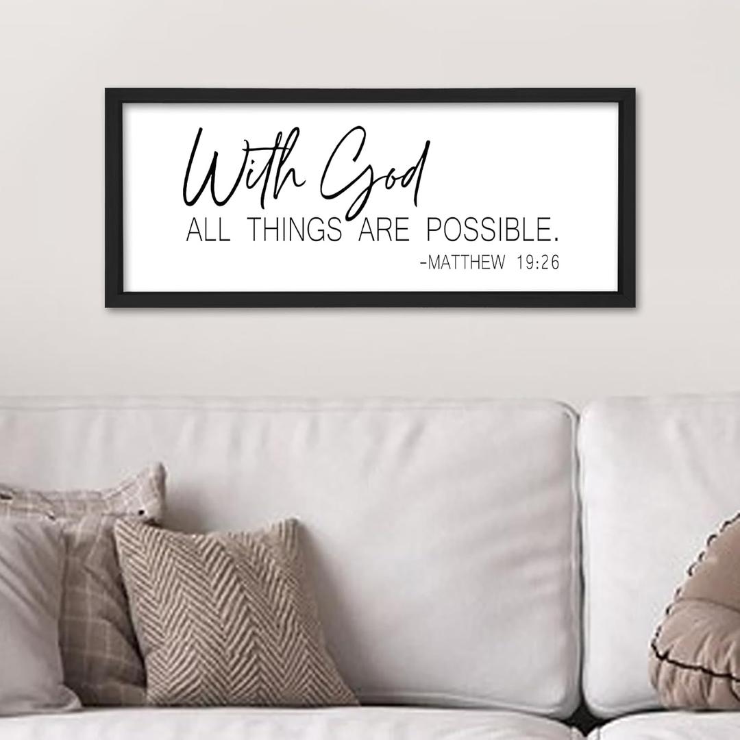 flowtorely With God All Things Are Possible Wall Decor Scripture 24"×10" Matthew 19:26 Bible Verse sign Christian Large Wood Framed Wall Hanging (Black)