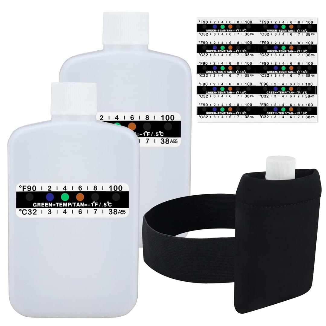 KEVTVEK 14 Pcs Urine Test Complete Kit Includes 2 Translucent Portable Travel Empty Bottles, 10 Adhesive Temperature Test Strips, Neoprene Bag and Hi-Stretch Hidden Leg Straps