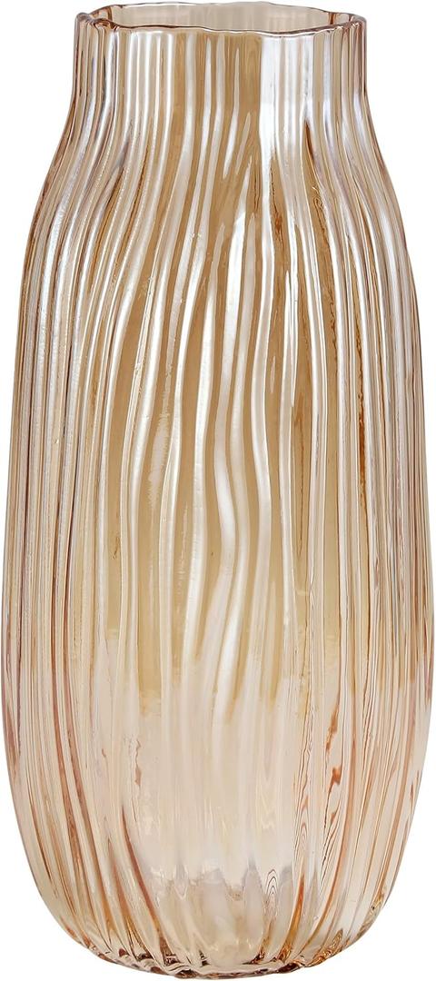 Large Amber Glass Vase for Home Decor Ribbed Tall Gold Floor Vase 12.0" Decorative Vases for Table Centerpieces Flowers Decor and Farmhouse(Brown 8.0in)
