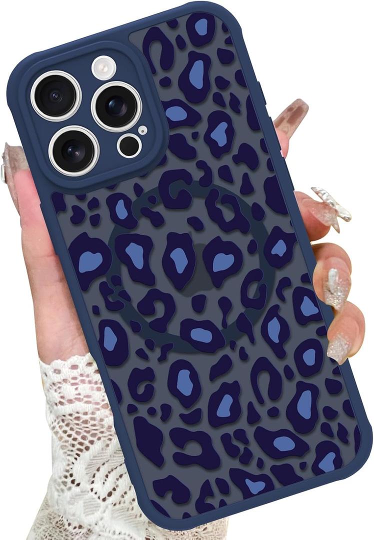 KANGHAR Case for iPhone 16 Pro Blue Leopard Printed Pattern Cute Cheetah [Compatible with Magsafe] Protective Magnetic Case for Girls Women 6.3"